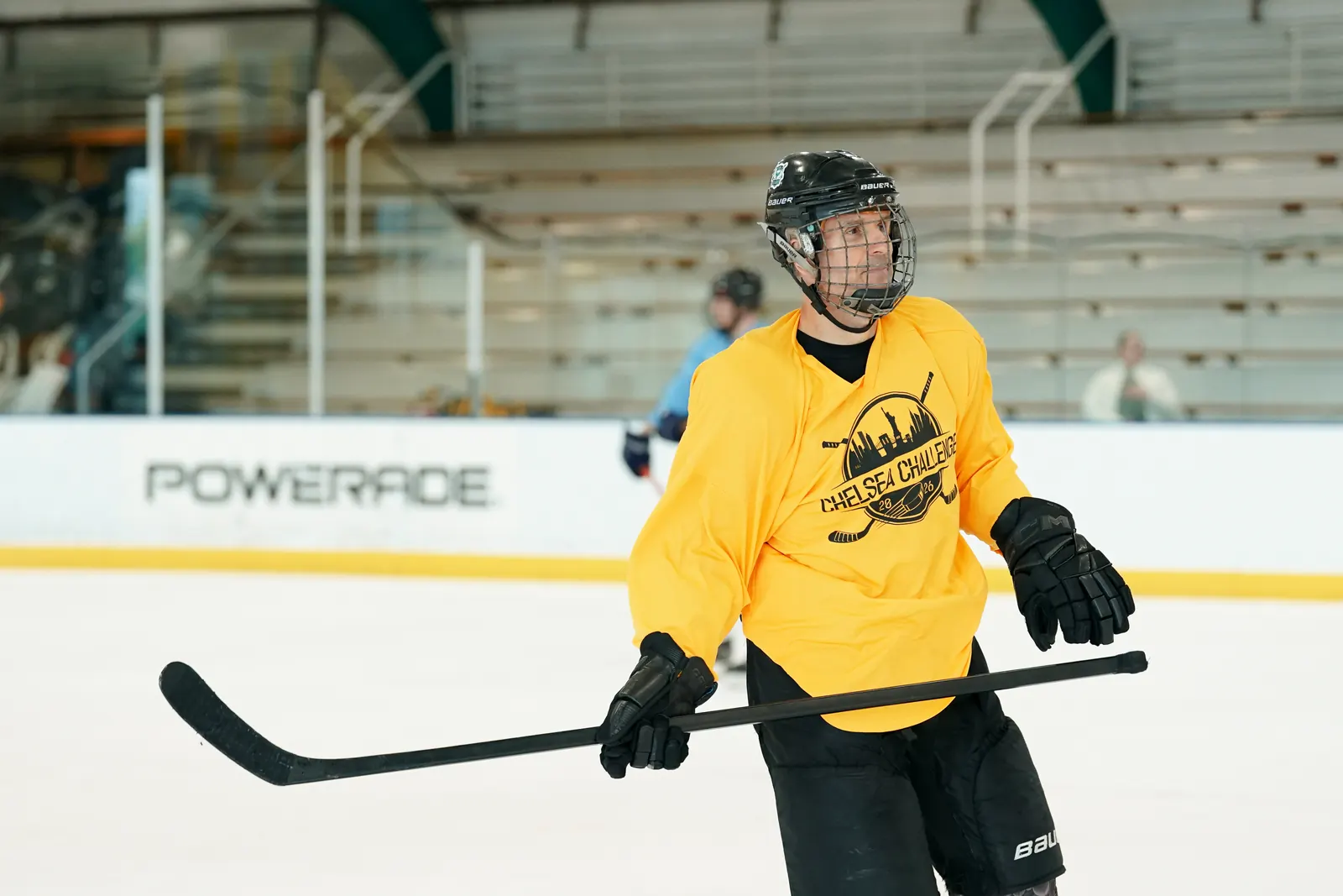 Whale Tailers player sets up with his stick on the ice