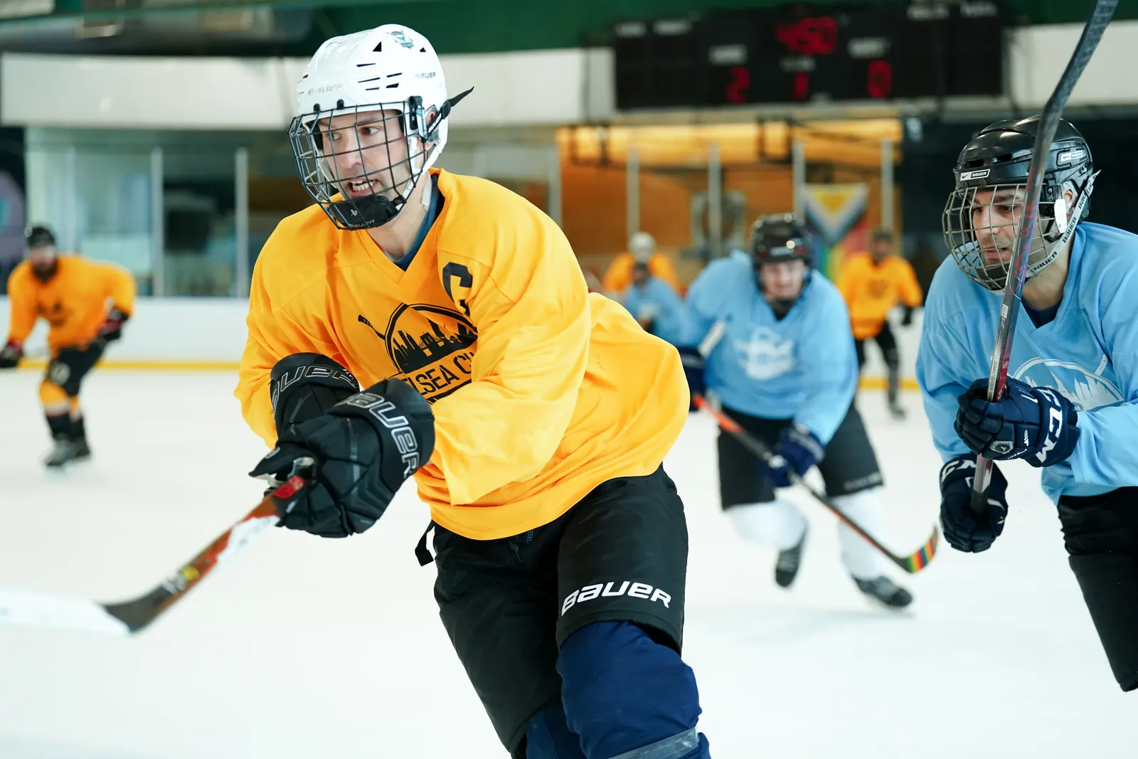 Whale Tailers skater with a letter on his jersey leads the play
